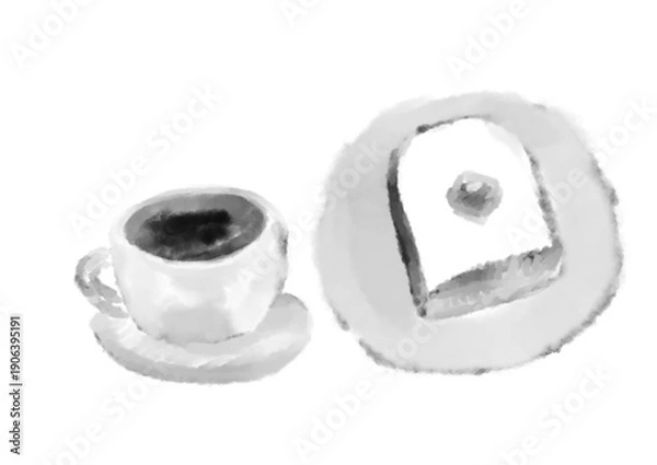 Obraz 墨や黒の水彩で描いた滲んだコーヒーとトーストのイラスト素材