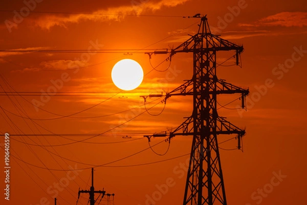 Obraz 夕焼けの太陽と送電線のシルエット　電力インフラと都市風景