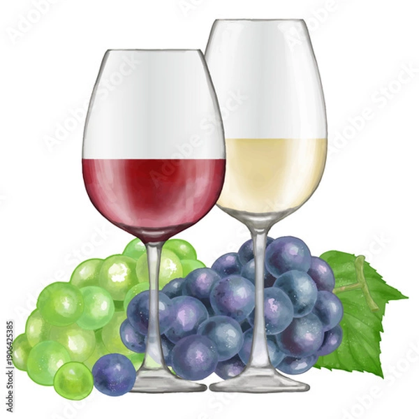 Obraz グラスに入った赤ワイン・白ワインと葡萄。リアルタッチなイラスト