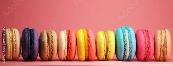 Fototapeta Bright food photography of macroons on pink background