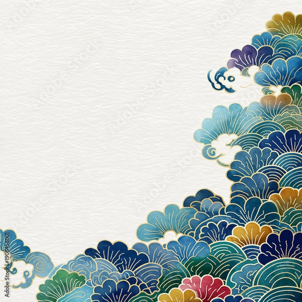 Obraz 花のパターンが一面に広がる幻想的な背景素材、和モダンなデザインと繊細なラインが印象的な装飾イラスト