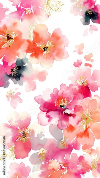 Obraz 花のパターンが一面に広がる幻想的な背景素材、和モダンなデザインと繊細なラインが印象的な装飾イラスト