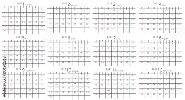 Obraz 2027年 1月から12月　年間カレンダー　曜日日本語