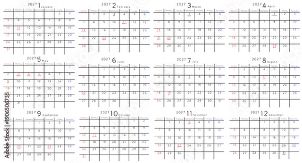 Obraz 2027年 1月から12月　年間カレンダー　曜日英語