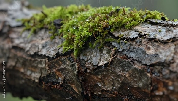 Obraz Rain Falling on Tree Bark With Green Moss