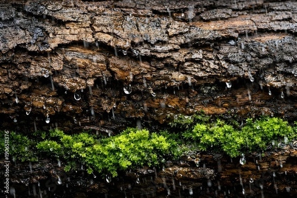 Obraz Rain Falling on Tree Bark With Green Moss