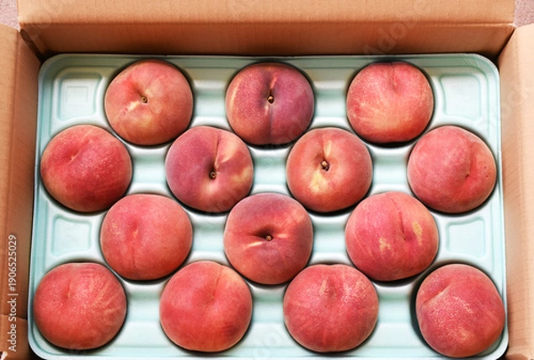 Obraz 段ボール箱の中にきれいに並んだ新鮮な桃