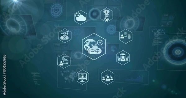 Fototapeta Displaying central hexagon cluster syncing globe, cloud, servers, database, users on digital HUD