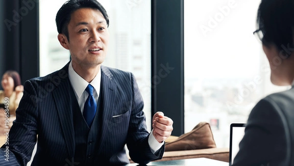 Obraz 面談、商談、接客、笑顔、説明、ビジネスマン、受付、案内、会議、アドバイザー、相談、ミーティング、提案、面接、ビジネス、オフィス、ロビー、打ち合わせ、ポジティブ、楽しい、チーム、職場、同僚、スーツ、人材、日本人、ビジネスパーソン、男性、女性、会話、チームワーク、グループ、コンサルタント、コンサルティング、顧客、コーチング、指導、明るい、上司、部下、経営、店員、ミドルエイジ、中年、40代、管理職、教え