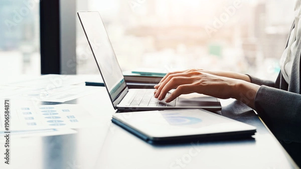 Obraz 都市のオフィスビルでノートパソコンとタブレットPCを使って作業する女性ビジネスパーソン