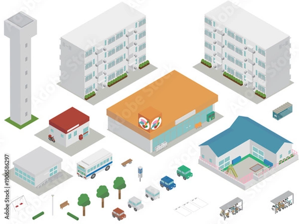 Obraz アイソメトリックの団地の街並み作成キット用パーツセット