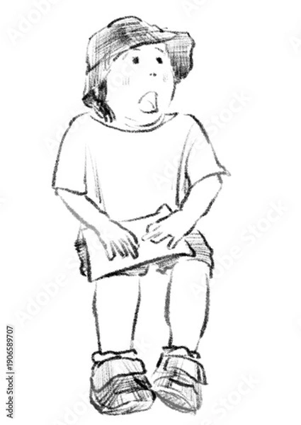 Obraz 椅子やベンチに座る子のモノクロ線画イラスト