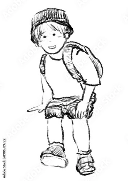 Obraz 靴を履く椅子やベンチに座る子のモノクロ線画イラスト