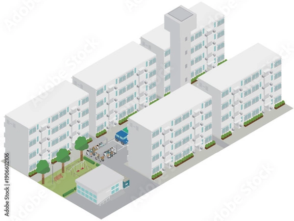 Obraz 給水塔と集会所のある昭和レトロな団地住宅街のアイソメトリックイラスト