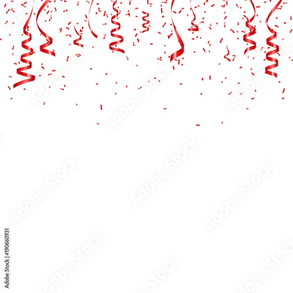 Fototapeta Christmas, Valentine's day red confetti with ribbon on transparent background. Falling shiny confetti glitters. Festive party design elements.