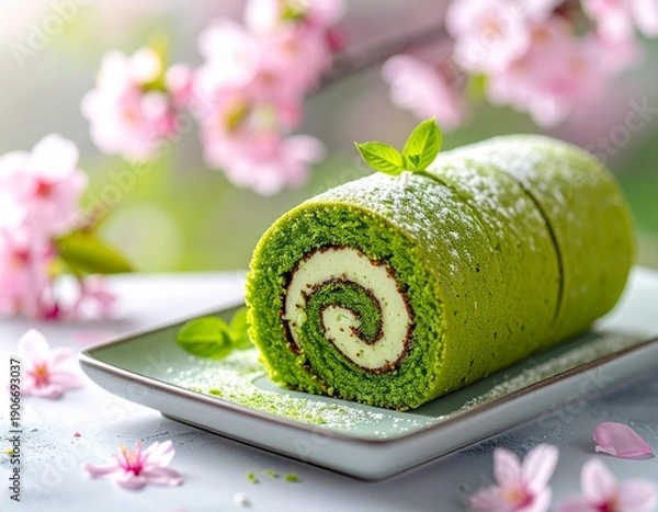 Obraz 桜並木背景と抹茶ロールケーキの春スイーツ