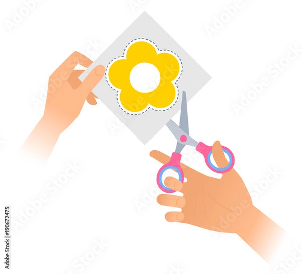Obraz Human hand is using a pair of scissors to cut out a flower from paper. Flat vector illustration of yellow flower shape with dotted line on a piece of sheet and steel office shears with plastic handles
