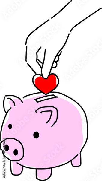 Obraz ハートのコインを貯金箱に入れる手元シンプル線画