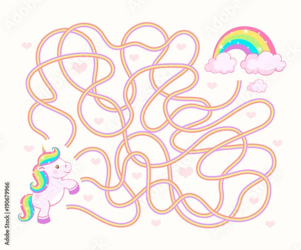 Obraz Help unicorn cub find path to rainbow. Labyrinth. Maze game for kids