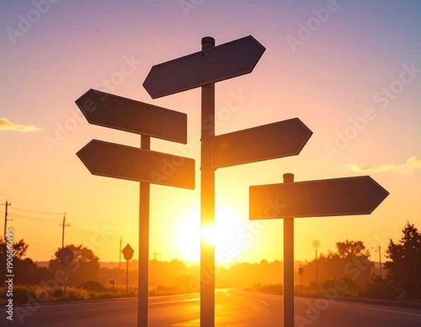 Obraz Blank direction signpost at sunset sky