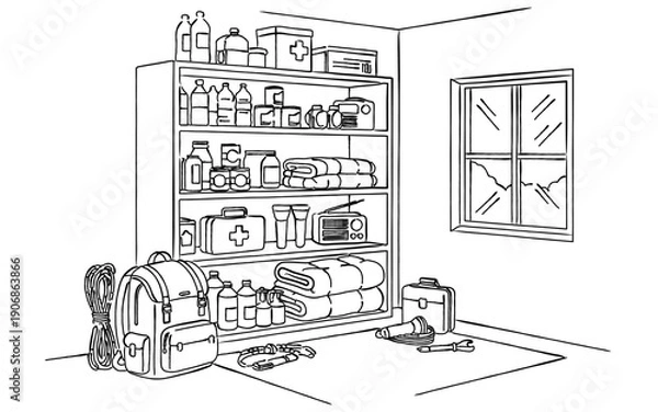 Fototapeta 防災用品や非常用備蓄品の棚の線画イラスト｜災害対策・備蓄管理