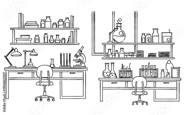 Fototapeta シンプルな研究室と理科実験室の室内風景線画｜科学, 実験, 顕微鏡, 試験管, フラスコ, ラボ, 教育, 医療
