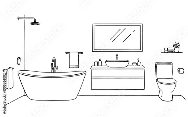 Fototapeta 清潔感のあるシンプルなバスルームと洗面所の室内風景線画｜浴室, 洗面台, トイレ, シャワー, バスタブ, インテリア