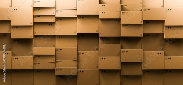 Obraz Stacked Cardboard Boxes Wall 3D Render Logistics Warehouse, Concept Background