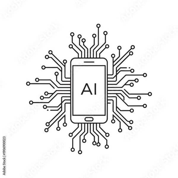 Obraz AI on smartphone icon, mobile artificial intelligence, and processor chip technology vector symbol.
