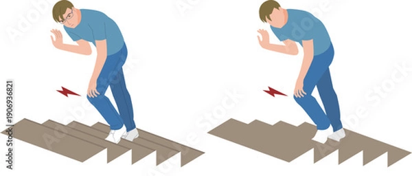 Obraz 階段の昇る時、膝が痛むシニア男性のイラスト