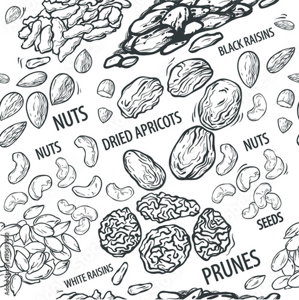 Obraz Pattern with dried fruits and nuts in monochrome color, vector illustration isolated on white background