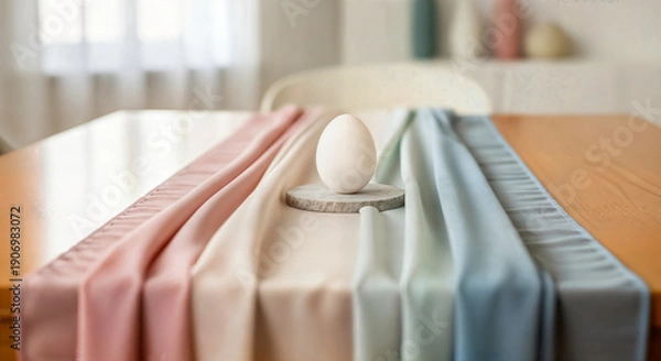 Obraz Happy easter sunday table setting with pastel colored tablecloth and decorative easter egg