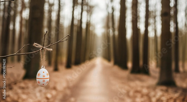 Obraz Happy easter sunday forest path with hanging easter egg decoration