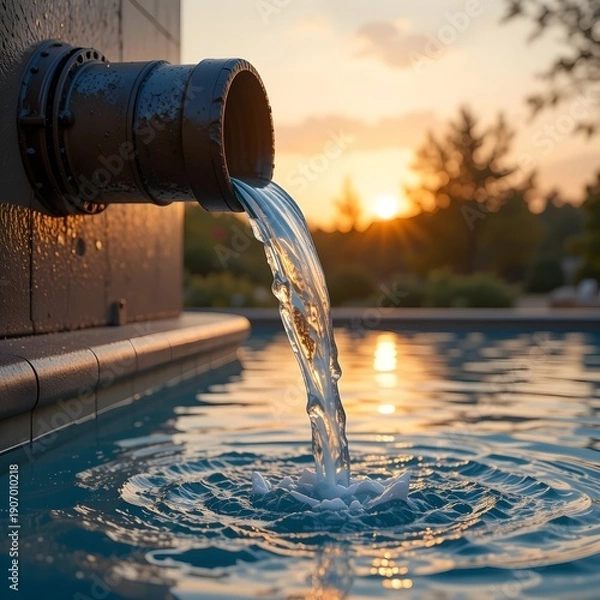 Fototapeta 파이프에서 수영장으로 흐르는 물이 일몰 시 상쾌하고 깨끗한 환경을 조성합니다