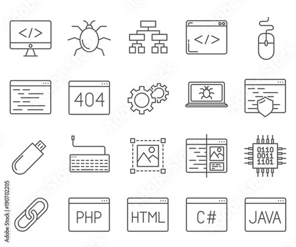Obraz Set of programming Related Vector Line Icons. Includes such Icons as code, Internet technology, website development, application programming, programming languages, virus and etc.