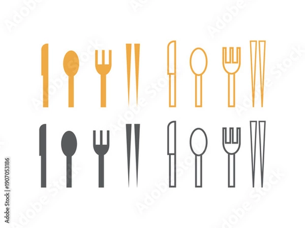 Obraz カトラリー（ナイフ、スプーン、フォーク、箸）のアイコンのイラストのセット