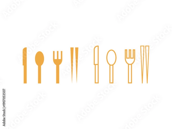 Obraz カトラリー（ナイフ、スプーン、フォーク、箸）のアイコンのイラストのセット