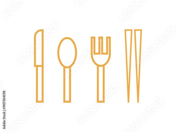 Obraz カトラリー（ナイフ、スプーン、フォーク、箸）のアイコンのイラストのセット