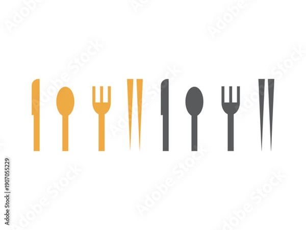 Obraz カトラリー（ナイフ、スプーン、フォーク、箸）のアイコンのイラストのセット