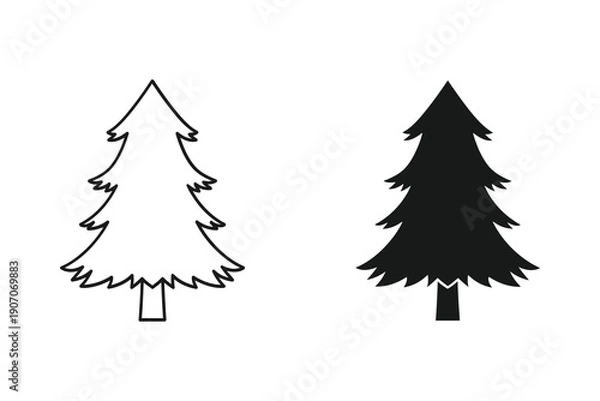 Obraz Two pine trees, one outlined and one filled, on white background vector illustration
