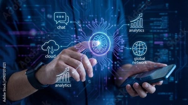 Obraz Exploring analytics and ai in cloud technology a deep dive into global network strategies digital environment interactive viewpoint