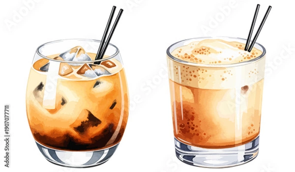 Obraz 氷入りグラスのカルーアミルク コーヒーカクテルドリンクの水彩タッチイラスト