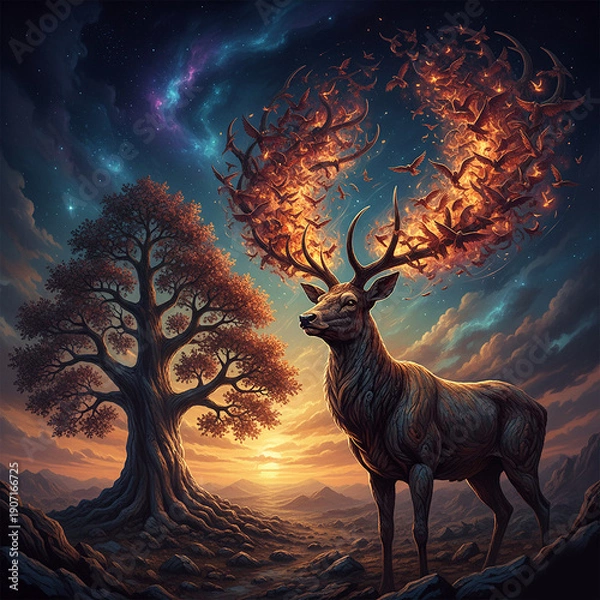 Obraz deer in the sunset