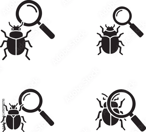 Obraz Solid Black App Debugging Icon Set with Bug and Magnifying Glass For App Developer