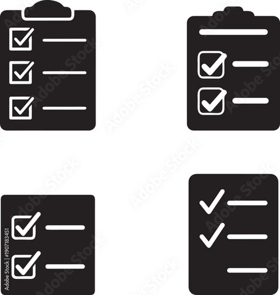 Obraz Solid Black App Testing Icon Set with Checklist and Checkmarks for Quality Assurance For App Developer