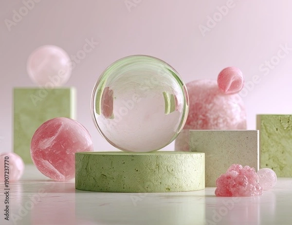 Obraz Abstract 3D composition with sphere, cubes, and various spherical forms. Pastel palette