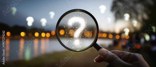 Obraz 夜景のボケを背景に虫眼鏡のクエスチョンマーク（疑問・調査イメージ）