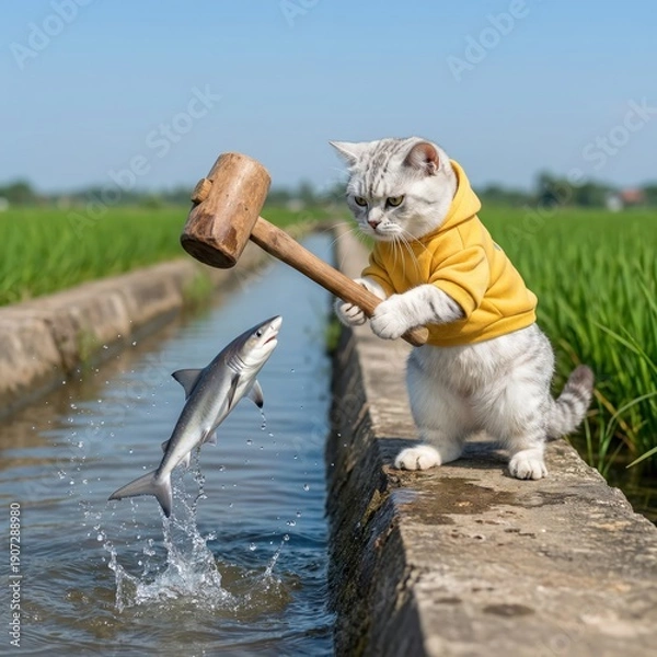 Obraz  Cat and Fish Action Photography