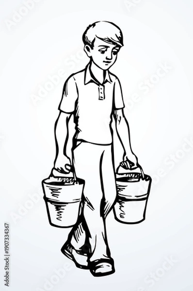 Obraz Vector drawing. A boy carries buckets
