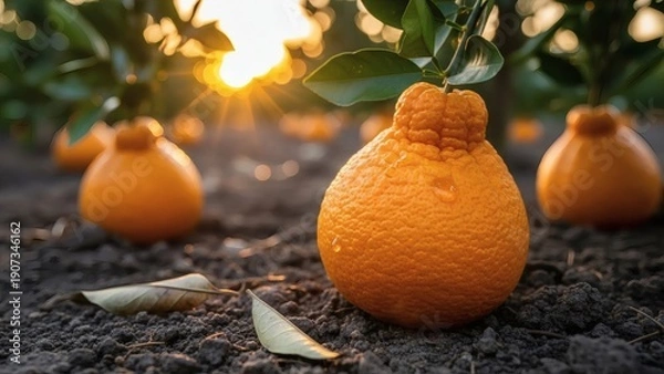 Obraz Oranges Growing on Tree in Orchard.